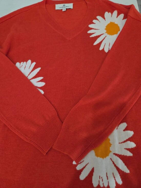 Laurie Felt Daisy Print V-Neck Orange Sweater Tunic Small Flower Power 70s Retro - Picture 6 of 12